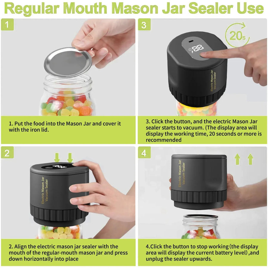 Electric Mason Jar Vacuum Sealer Kit - Suitable for Regular & Wide Mouth Cordless Vacuum Sealer Kit