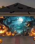 Halloween garage door banner decoration, misty forest pumpkin lantern scene