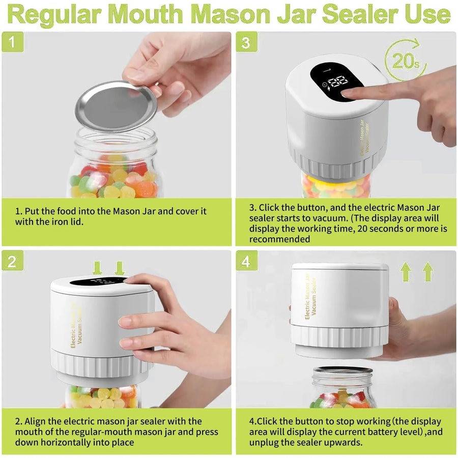 Electric Mason Jar Vacuum Sealer Kit - Suitable for Regular & Wide Mouth Cordless Vacuum Sealer Kit