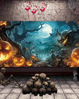 Halloween garage door banner decoration, misty forest pumpkin lantern scene