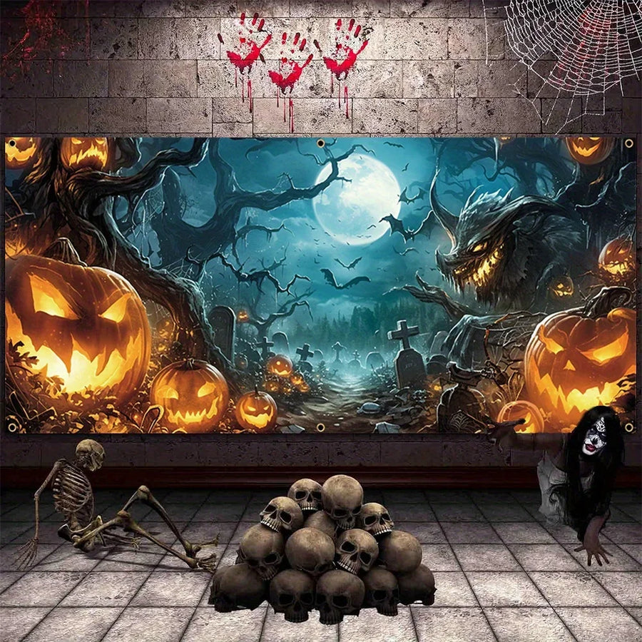 Halloween garage door banner decoration, misty forest pumpkin lantern scene