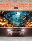 Halloween garage door banner decoration, misty forest pumpkin lantern scene