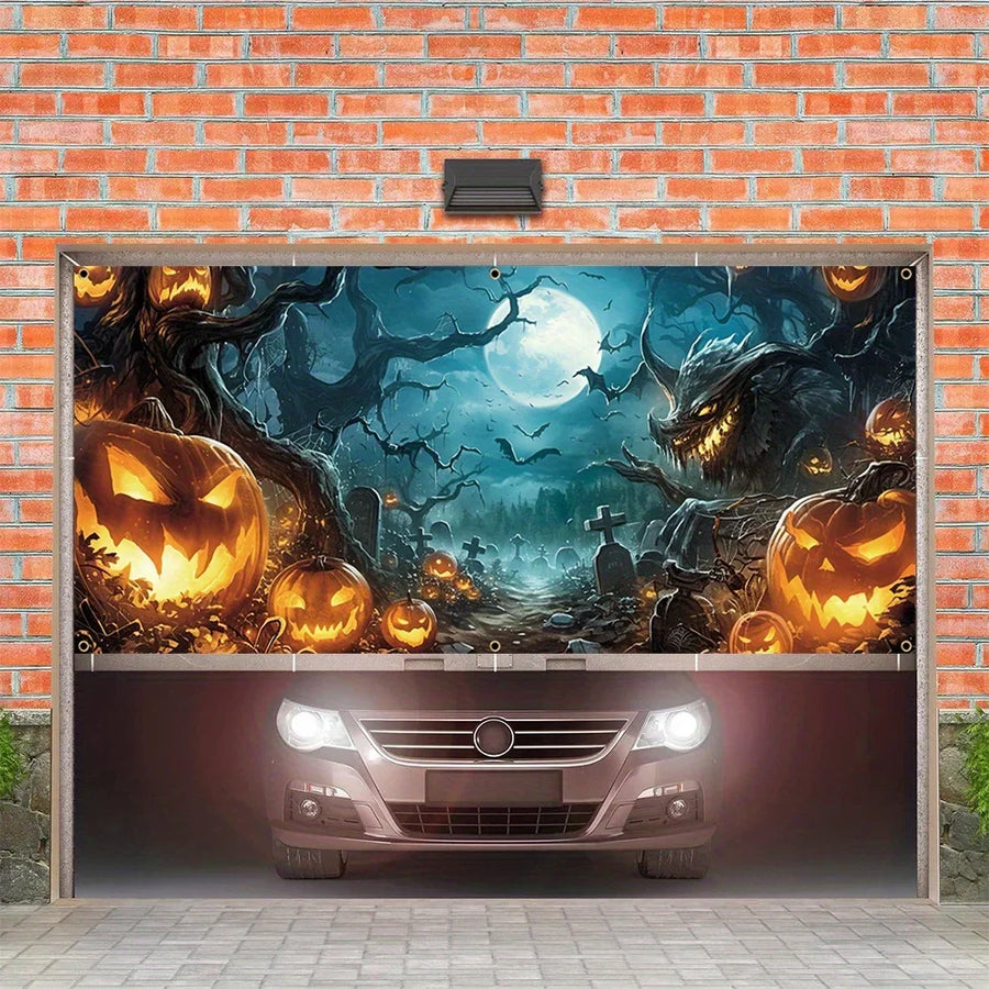 Halloween garage door banner decoration, misty forest pumpkin lantern scene