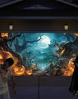 Halloween garage door banner decoration, misty forest pumpkin lantern scene