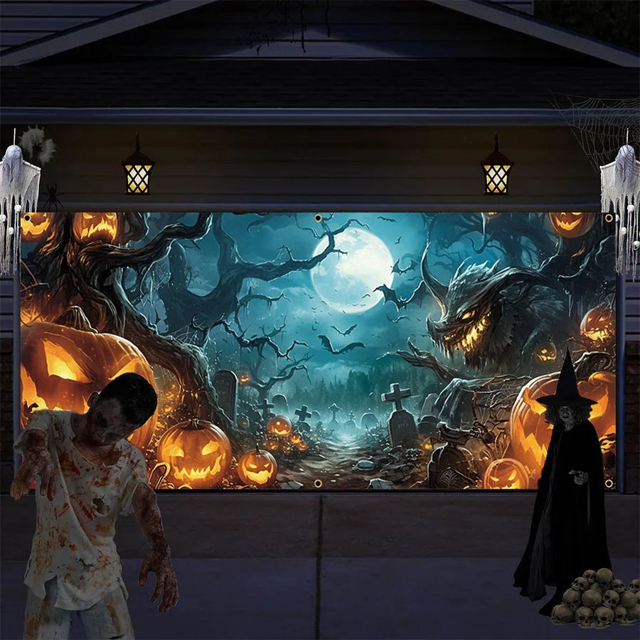 Halloween garage door banner decoration, misty forest pumpkin lantern scene